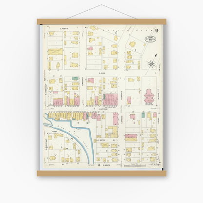 Old map wall art mockup — magnetic wood frame on white wall — Sanborn Fire Insurance Map from Saint Marys, Auglaize County, Ohio (1907), Sheet #0009