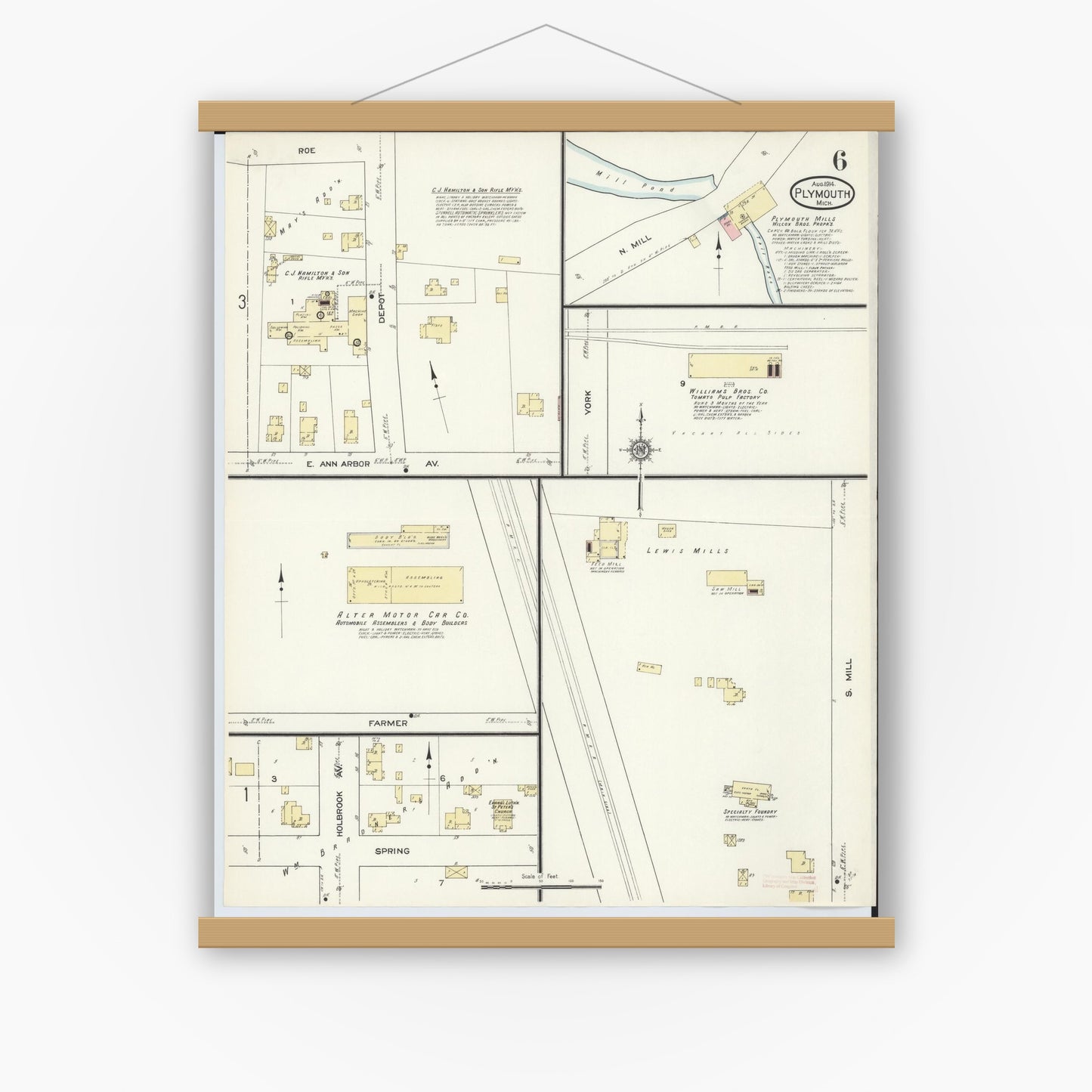 Old map wall art mockup — magnetic wood frame on white wall — Sanborn Fire Insurance Map from Plymouth, Wayne County, Michigan (1914), Sheet #0006