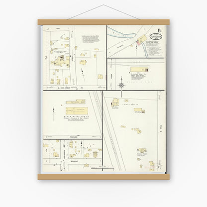 Old map wall art mockup — magnetic wood frame on white wall — Sanborn Fire Insurance Map from Plymouth, Wayne County, Michigan (1914), Sheet #0006