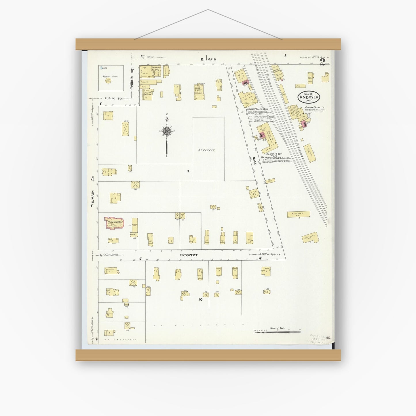 Old map wall art mockup — magnetic wood frame on white wall — Sanborn Fire Insurance Map from Andover, Ashtabula County, Ohio (1911), Sheet #0002