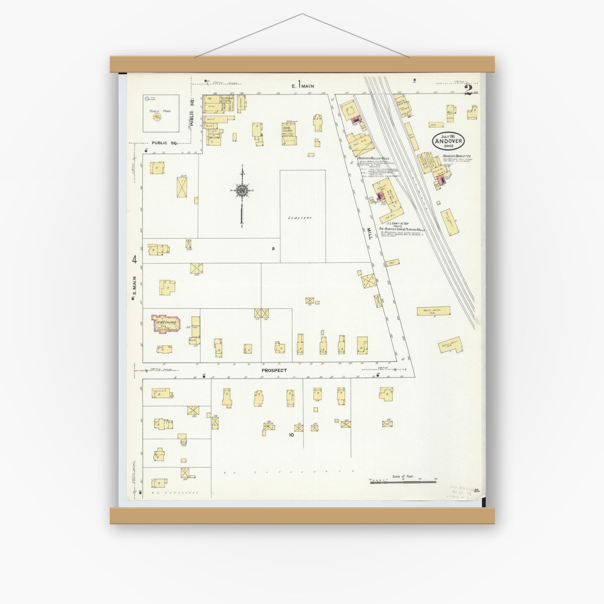 Old map wall art mockup — magnetic wood frame on white wall — Sanborn Fire Insurance Map from Andover, Ashtabula County, Ohio (1911), Sheet #0002