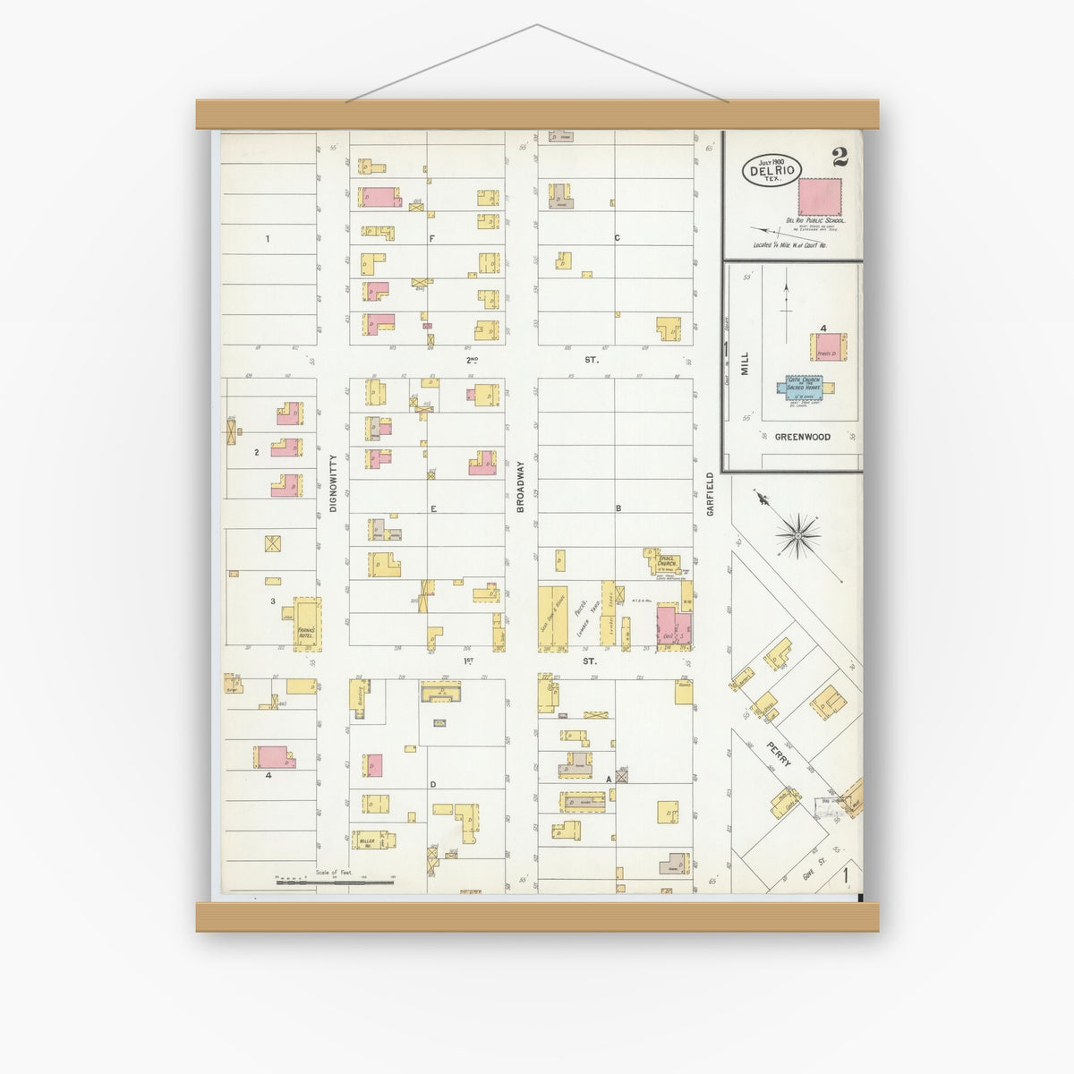 Old map wall art mockup — magnetic wood frame on white wall — Sanborn Fire Insurance Map from Del Rio, Val Verde County, Texas (1900), Sheet #0002