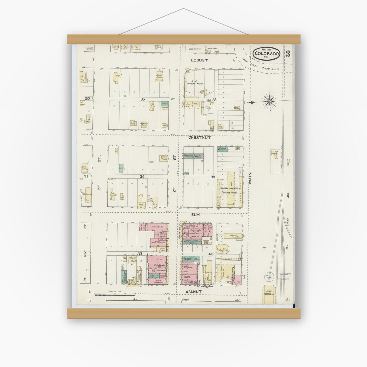 Old map wall art mockup — magnetic wood frame on white wall — Sanborn Fire Insurance Map from Colorado, Mitchell County, Texas (1891), Sheet #0003
