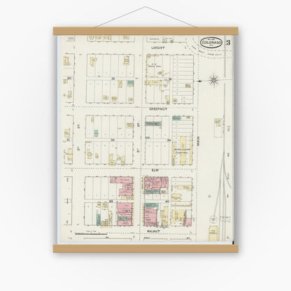 Old map wall art mockup — magnetic wood frame on white wall — Sanborn Fire Insurance Map from Colorado, Mitchell County, Texas (1891), Sheet #0003