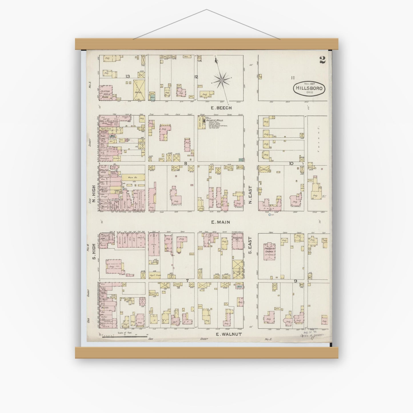 Old map wall art mockup — magnetic wood frame on white wall — Sanborn Fire Insurance Map from Hillsboro, Highland County, Ohio (1887), Sheet #0002