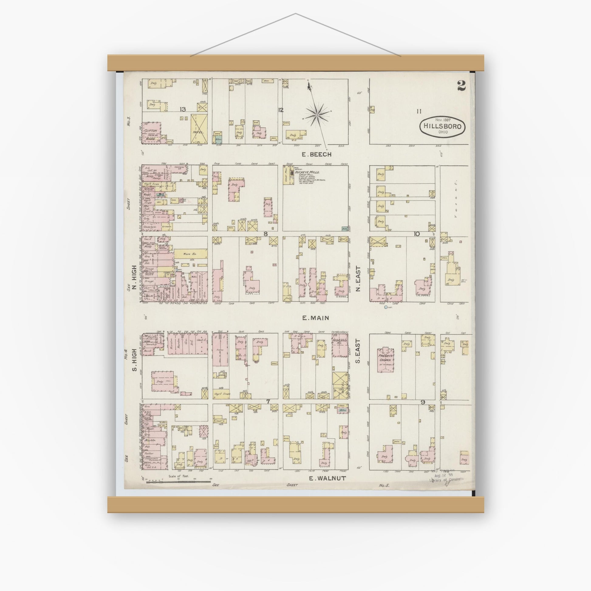Old map wall art mockup — magnetic wood frame on white wall — Sanborn Fire Insurance Map from Hillsboro, Highland County, Ohio (1887), Sheet #0002