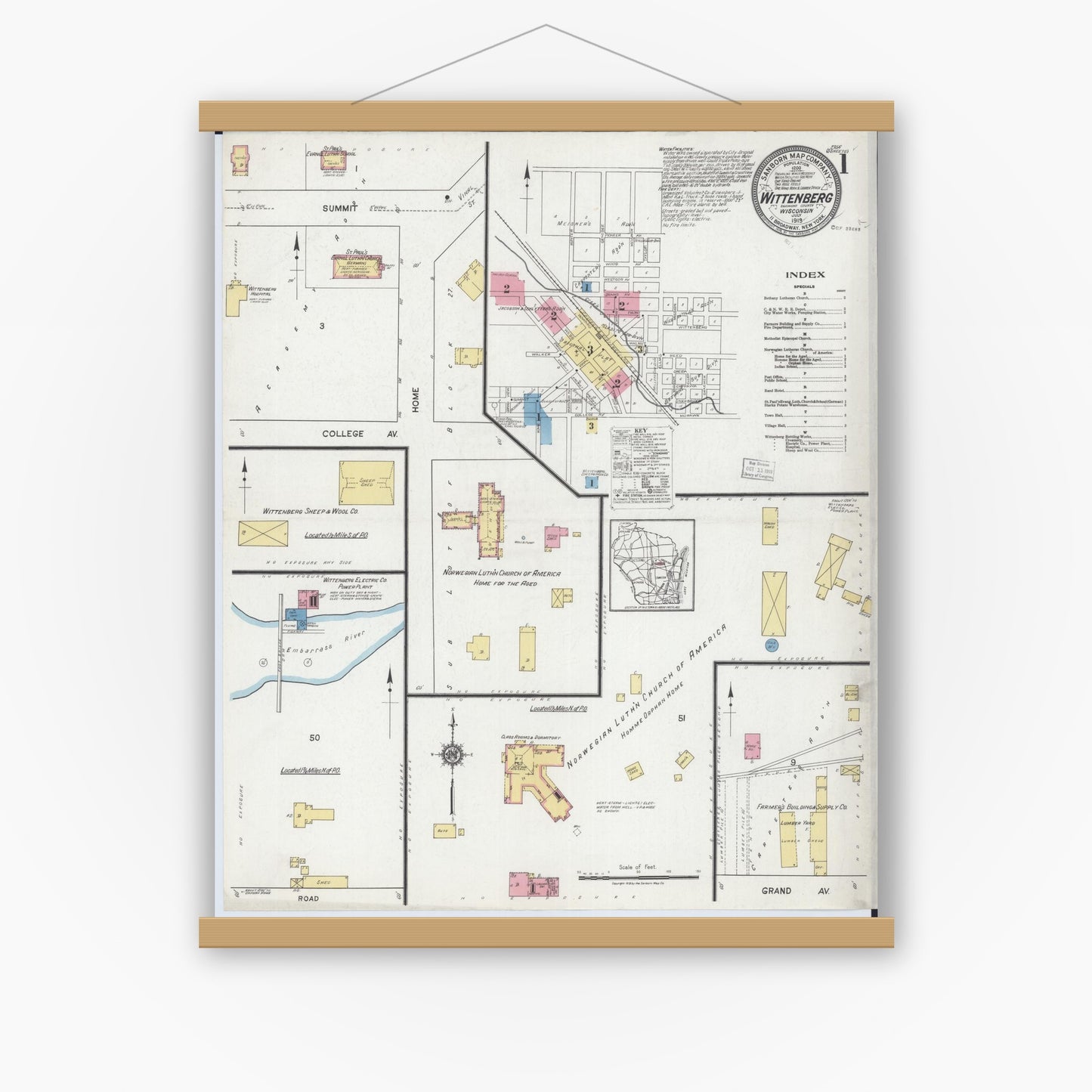 Old map wall art mockup — magnetic wood frame on white wall — Sanborn Fire Insurance Map from Wittenberg, Shawano County, Wisconsin (1919) - Complete Map Set