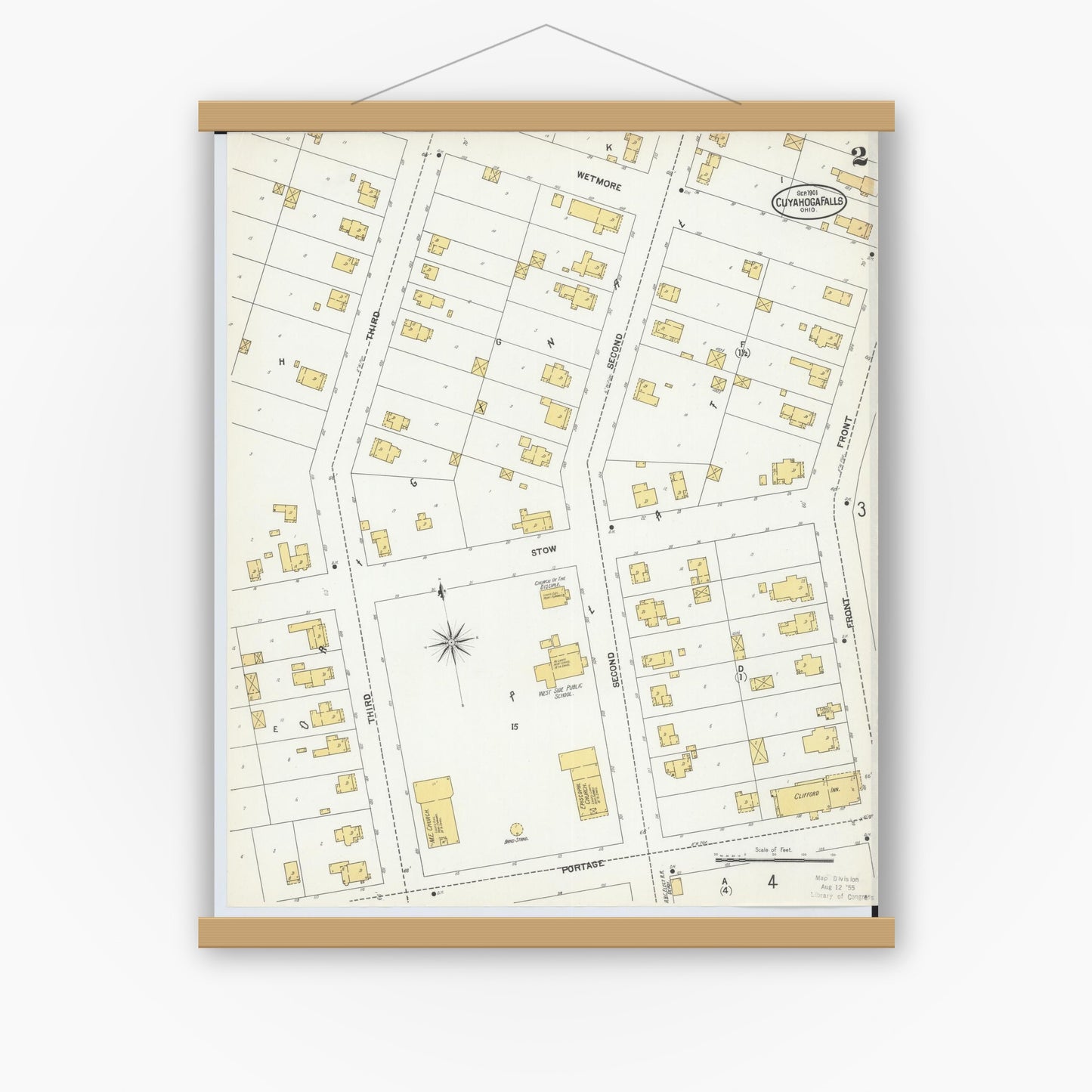 Old map wall art mockup — magnetic wood frame on white wall — Sanborn Fire Insurance Map from Cuyahoga Falls, Summit County, Ohio (1901), Sheet #0002