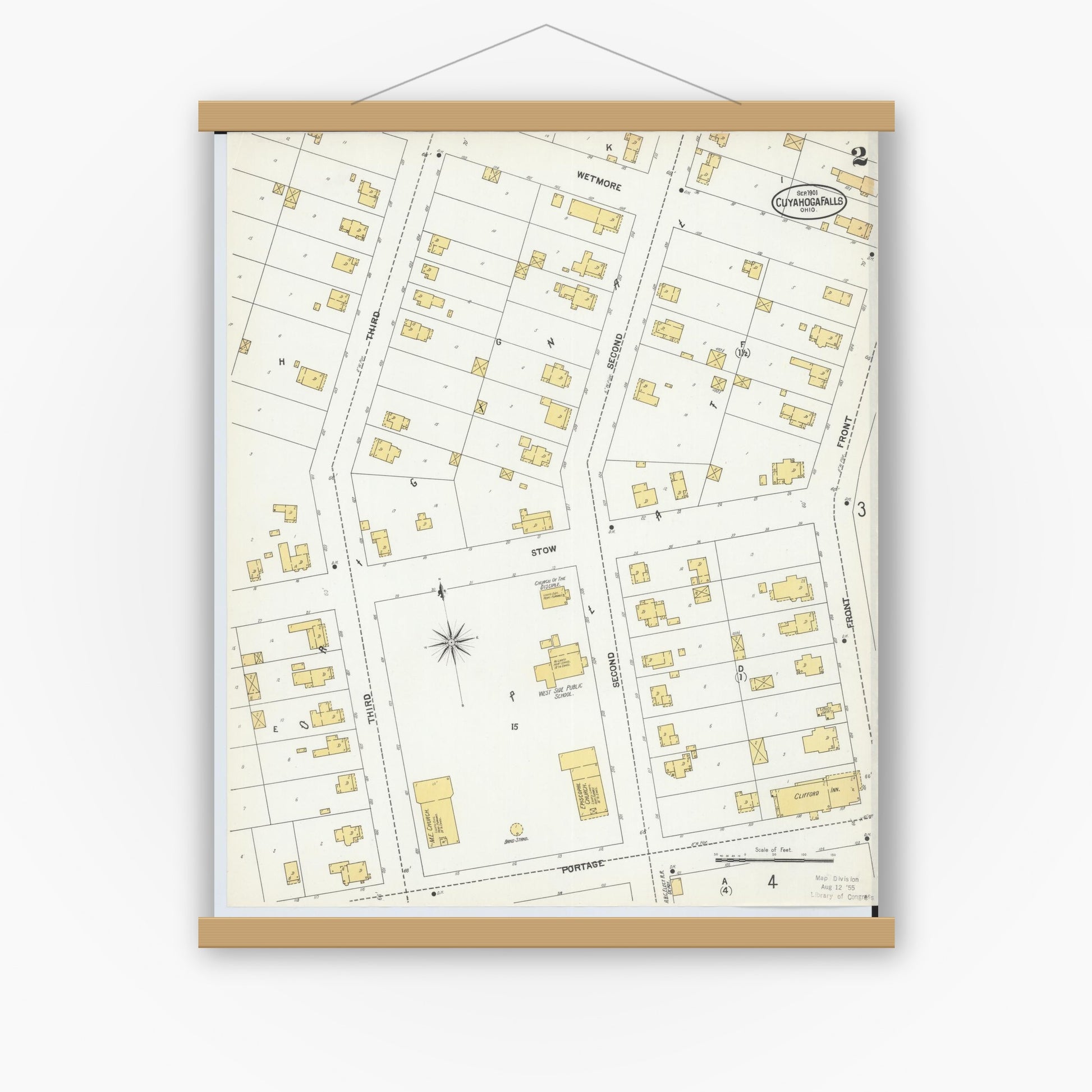 Old map wall art mockup — magnetic wood frame on white wall — Sanborn Fire Insurance Map from Cuyahoga Falls, Summit County, Ohio (1901), Sheet #0002