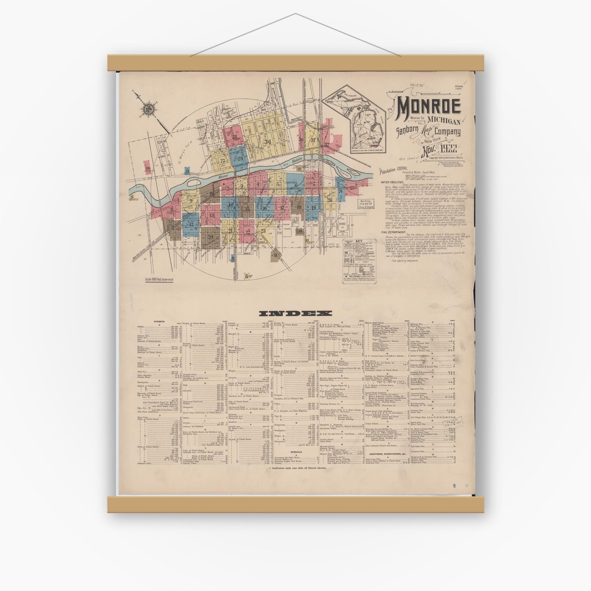 Old map wall art mockup — magnetic wood frame on white wall — Sanborn Fire Insurance Map from Monroe, Monroe County, Michigan (1922), Sheet #0001