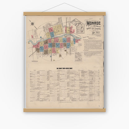 Old map wall art mockup — magnetic wood frame on white wall — Sanborn Fire Insurance Map from Monroe, Monroe County, Michigan (1922), Sheet #0001