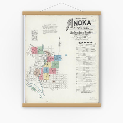 Old map wall art mockup — magnetic wood frame on white wall — Sanborn Fire Insurance Map from Anoka, Anoka County, Minnesota (1898) - Complete Map Set