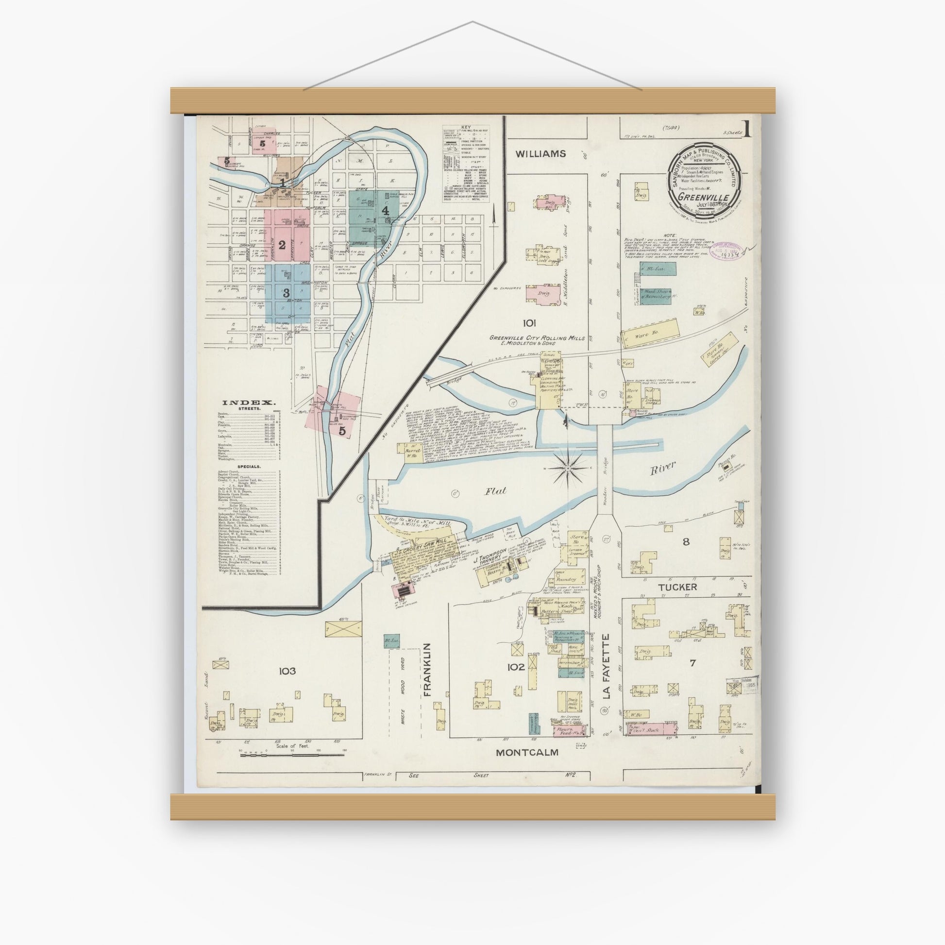 Old map wall art mockup — magnetic wood frame on white wall — Sanborn Fire Insurance Map from Greenville, Montcalm County, Michigan (1887) - Complete Map Set