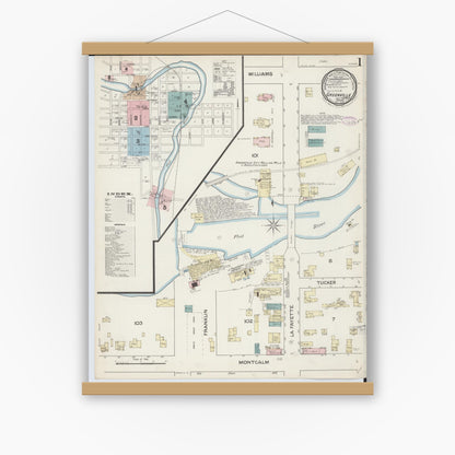 Old map wall art mockup — magnetic wood frame on white wall — Sanborn Fire Insurance Map from Greenville, Montcalm County, Michigan (1887) - Complete Map Set
