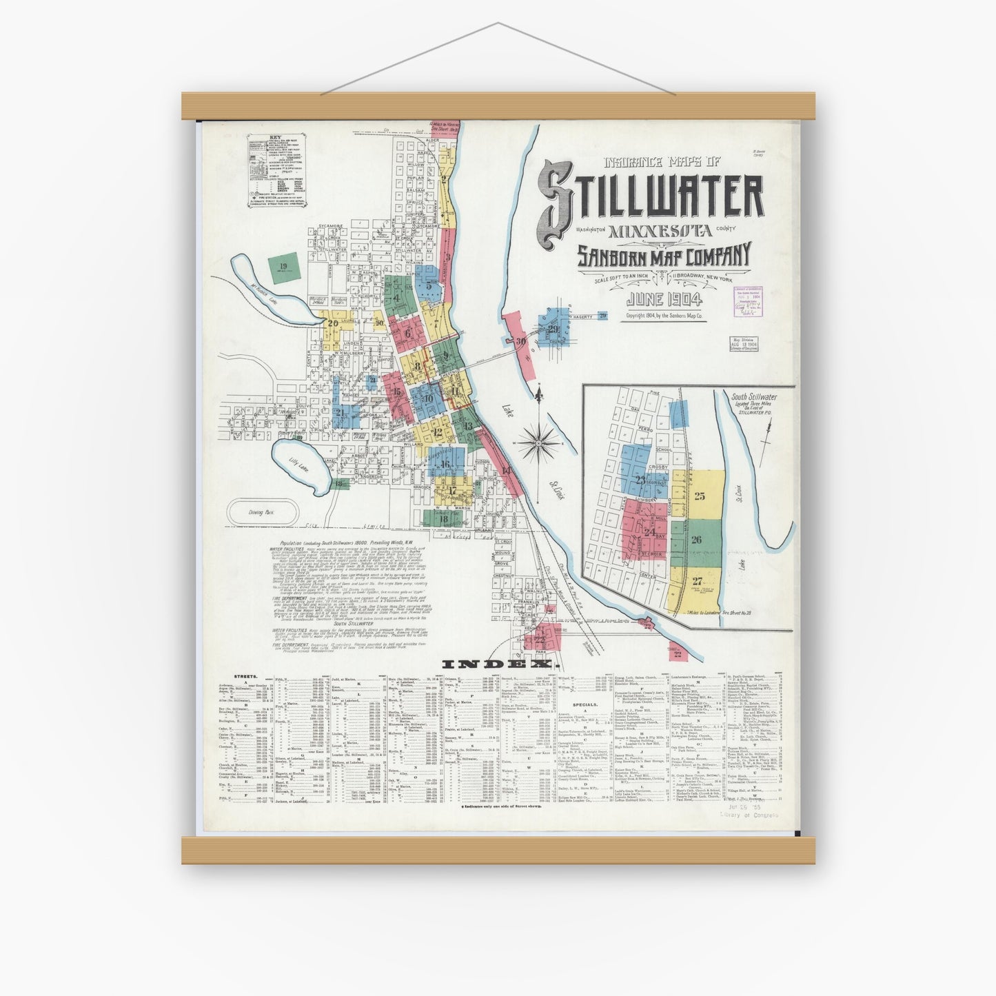 Old map wall art mockup — magnetic wood frame on white wall — Sanborn Fire Insurance Map from Stillwater, Washington County, Minnesota (1904) - Complete Map Set