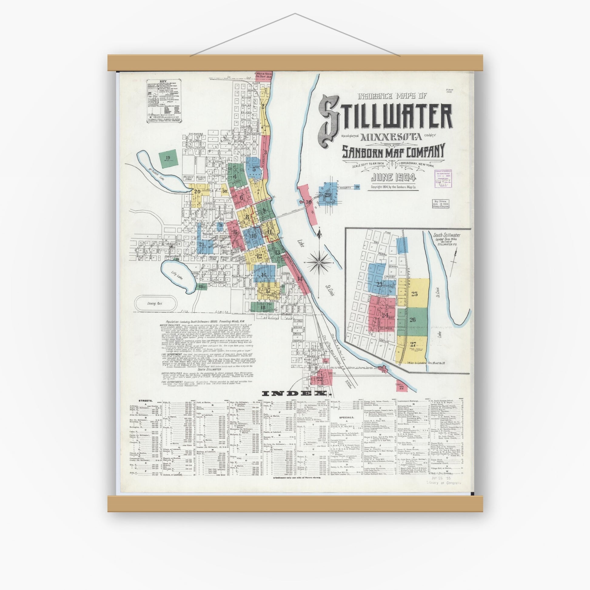Old map wall art mockup — magnetic wood frame on white wall — Sanborn Fire Insurance Map from Stillwater, Washington County, Minnesota (1904) - Complete Map Set