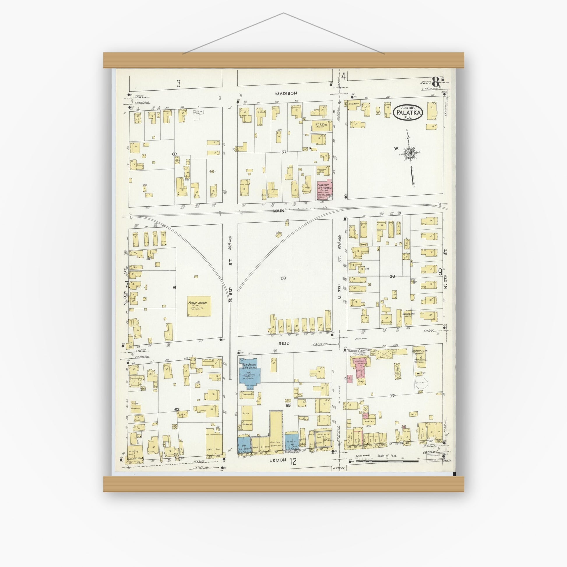 Old map wall art mockup — magnetic wood frame on white wall — Sanborn Fire Insurance Map from Palatka, Putnam County, Florida (1915), Sheet #0008
