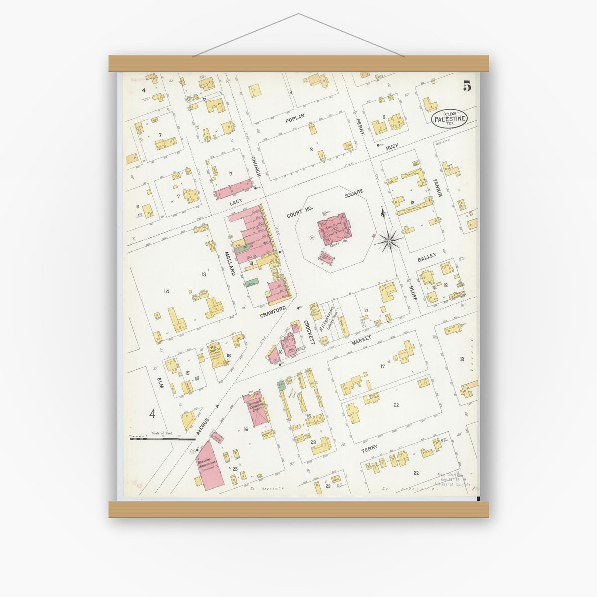 Old map wall art mockup — magnetic wood frame on white wall — Sanborn Fire Insurance Map from Palestine, Anderson County, Texas (1900), Sheet #0005