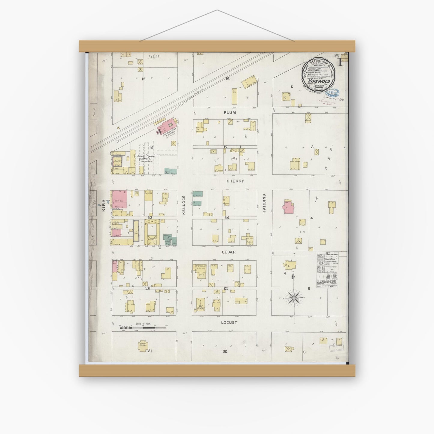 Old map wall art mockup — magnetic wood frame on white wall — Sanborn Fire Insurance Map from Kirkwood, Warren County, Illinois (1894), Sheet #0001