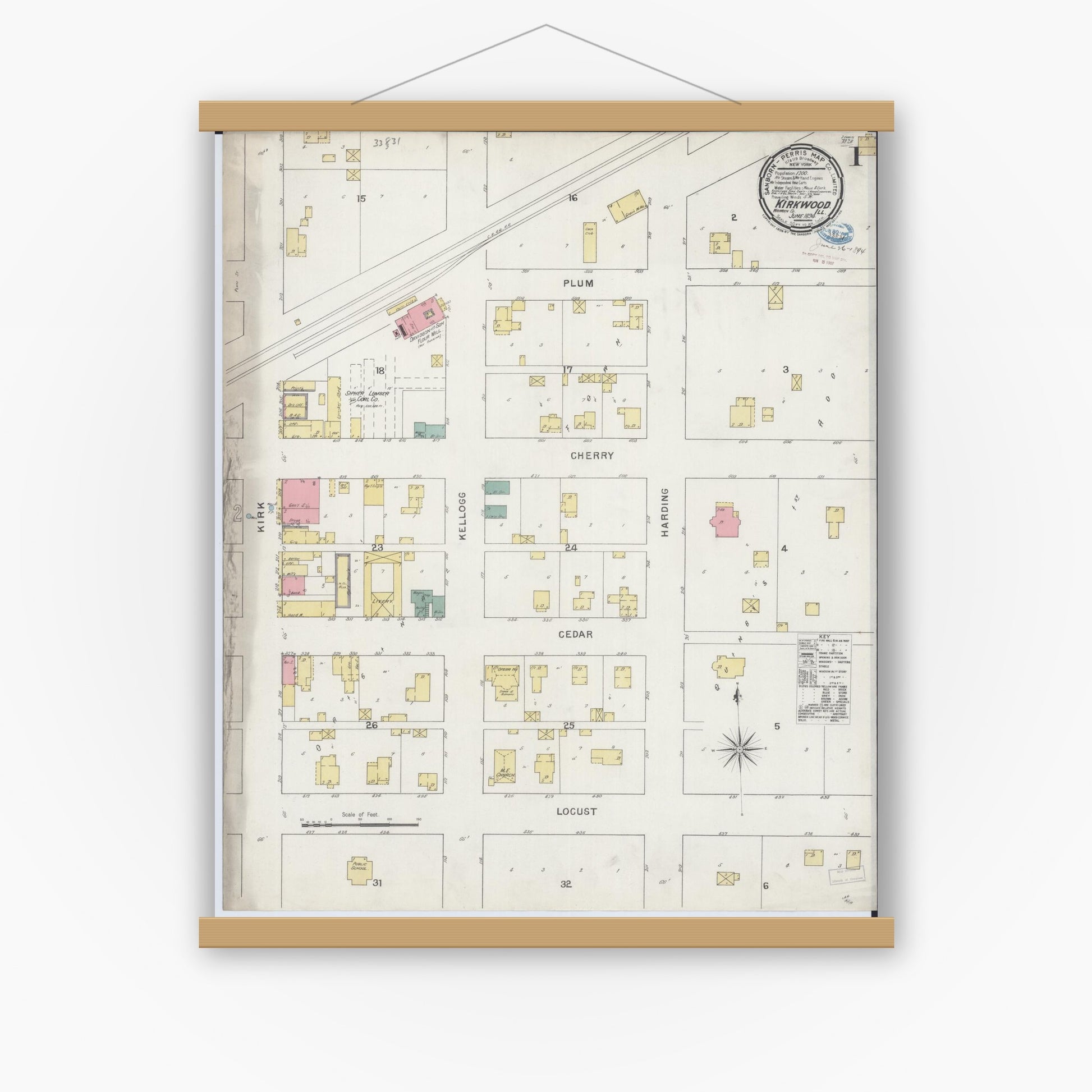 Old map wall art mockup — magnetic wood frame on white wall — Sanborn Fire Insurance Map from Kirkwood, Warren County, Illinois (1894), Sheet #0001