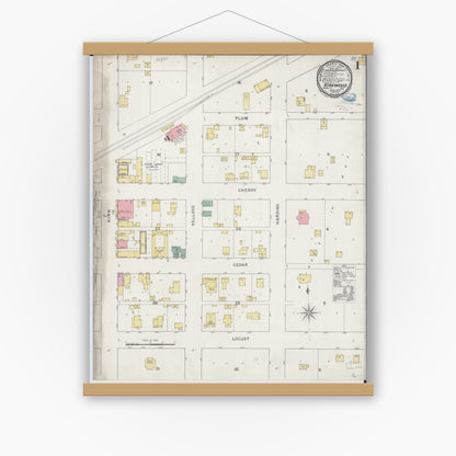 Old map wall art mockup — magnetic wood frame on white wall — Sanborn Fire Insurance Map from Kirkwood, Warren County, Illinois (1894), Sheet #0001