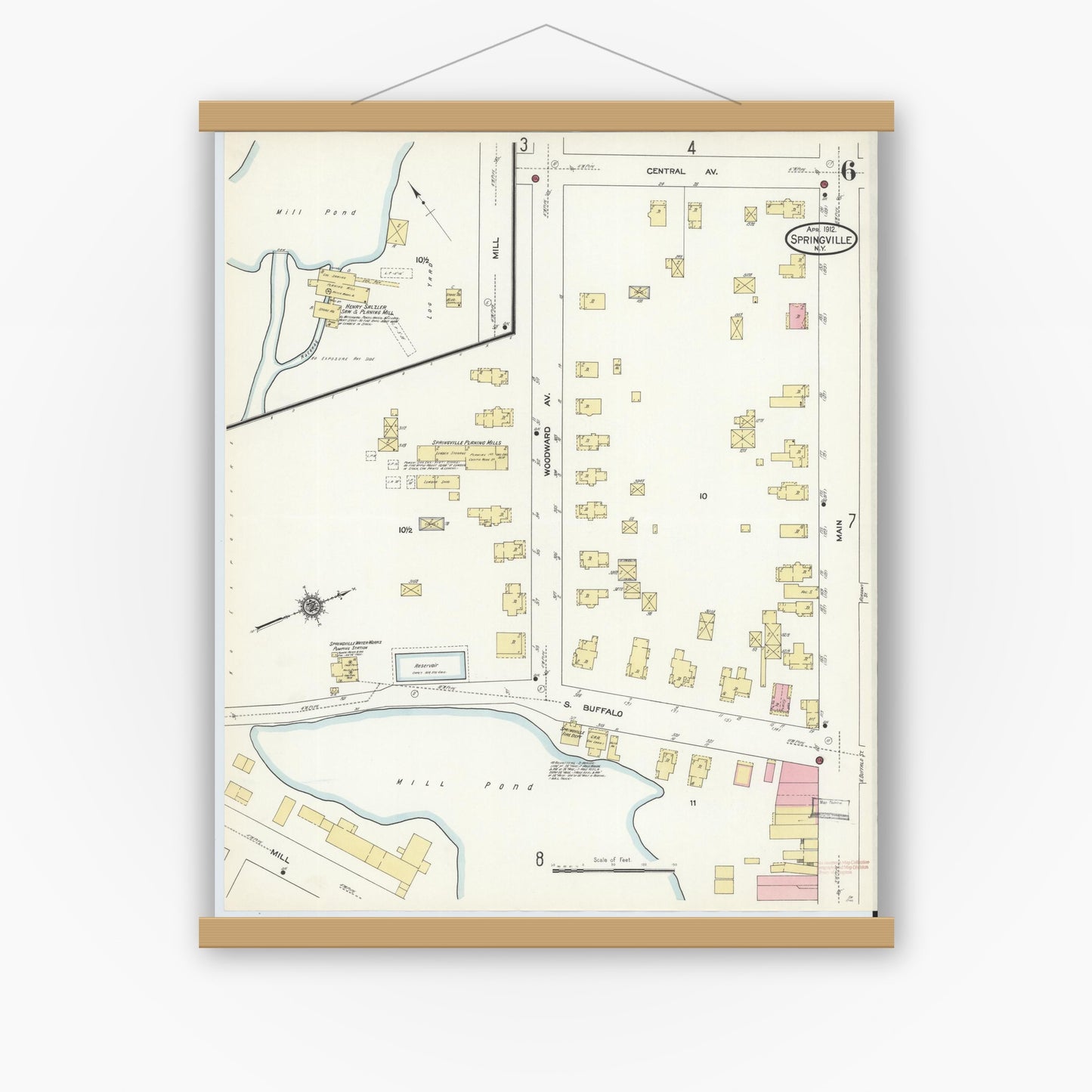 Old map wall art mockup — magnetic wood frame on white wall — Sanborn Fire Insurance Map from Springville, Erie County, New York (1912), Sheet #0006