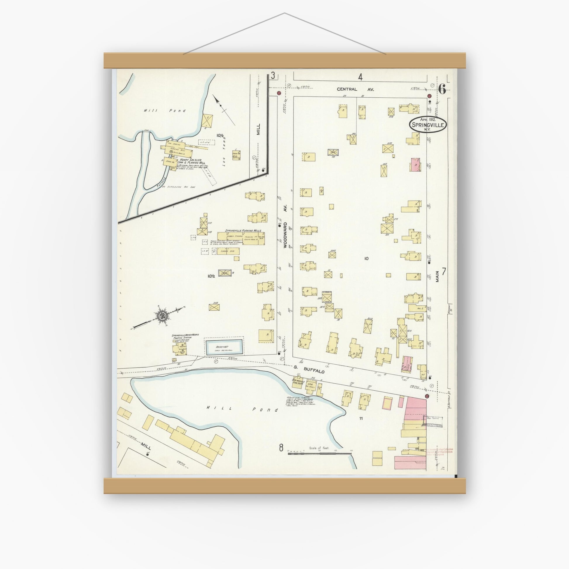 Old map wall art mockup — magnetic wood frame on white wall — Sanborn Fire Insurance Map from Springville, Erie County, New York (1912), Sheet #0006