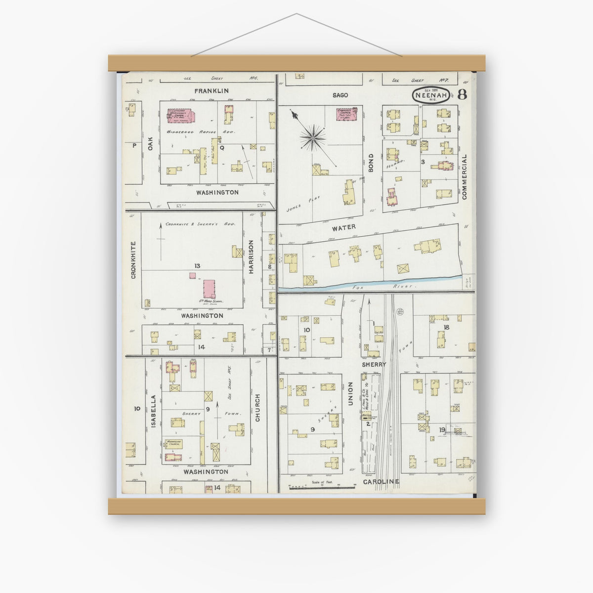 Old map wall art mockup — magnetic wood frame on white wall — Sanborn Fire Insurance Map from Neenah, Winnebago County, Wisconsin (1891), Sheet #0008
