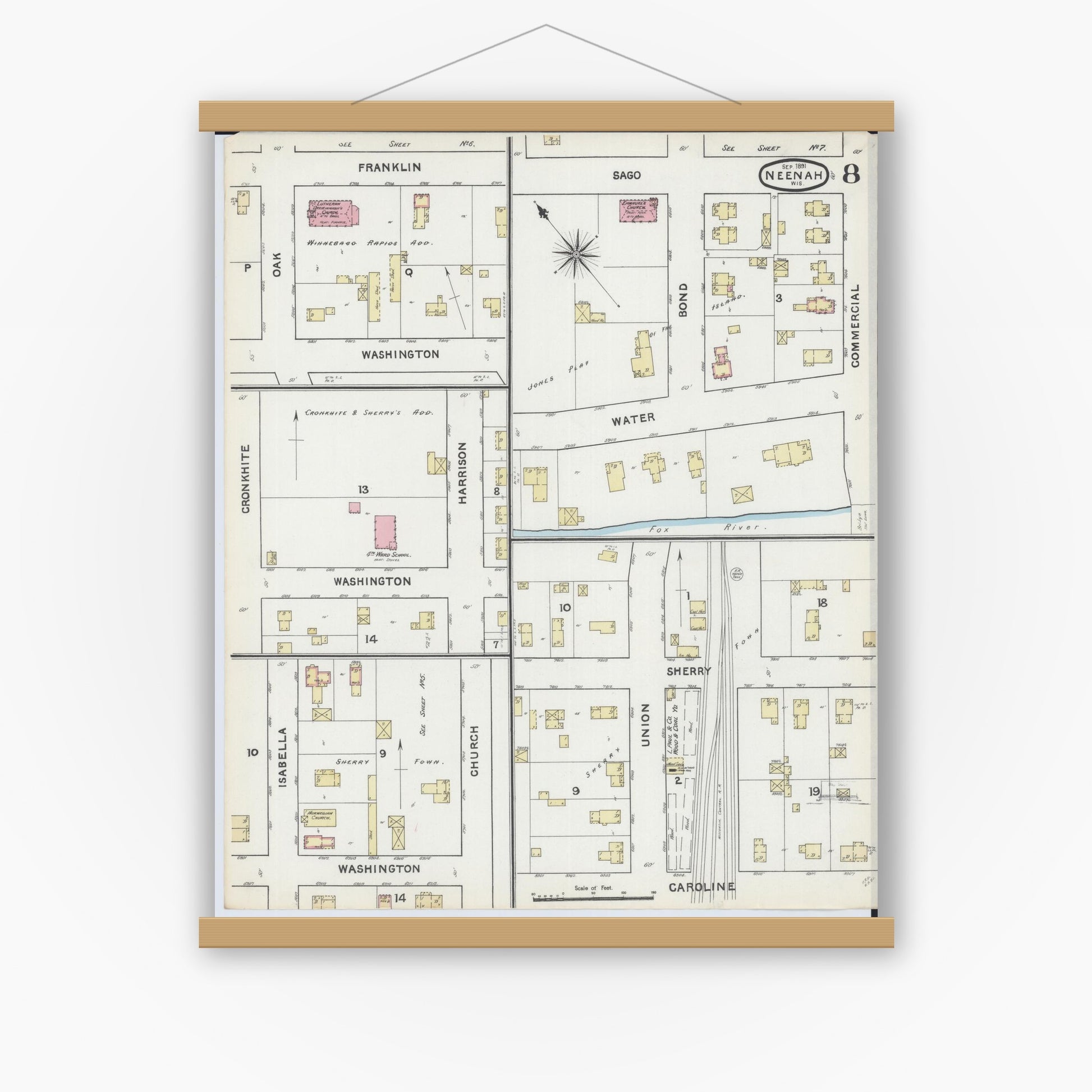 Old map wall art mockup — magnetic wood frame on white wall — Sanborn Fire Insurance Map from Neenah, Winnebago County, Wisconsin (1891), Sheet #0008