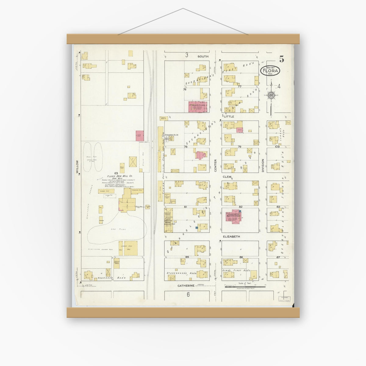 Old map wall art mockup — magnetic wood frame on white wall — Sanborn Fire Insurance Map from Flora, Carroll County, Indiana (1917), Sheet #0005