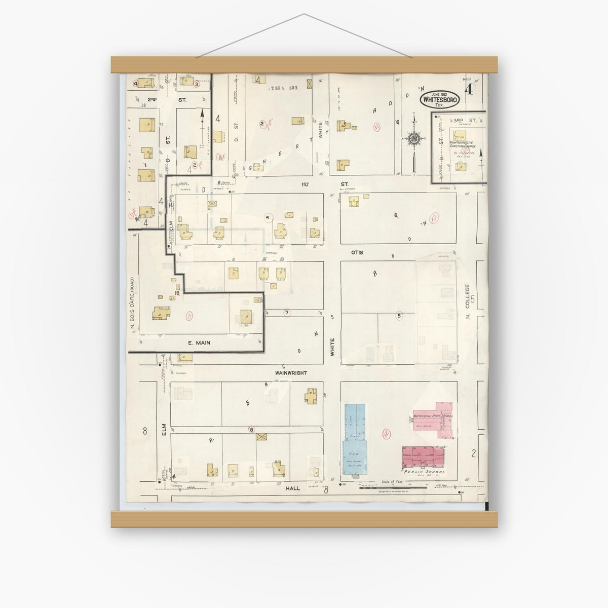 Old map wall art mockup — magnetic wood frame on white wall — Sanborn Fire Insurance Map from Whitesboro, Grayson County, Texas (1943), Sheet #0004