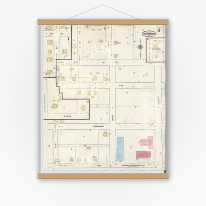 Old map wall art mockup — magnetic wood frame on white wall — Sanborn Fire Insurance Map from Whitesboro, Grayson County, Texas (1943), Sheet #0004