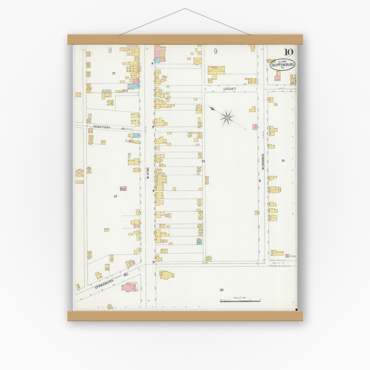 Old map wall art mockup — magnetic wood frame on white wall — Sanborn Fire Insurance Map from Shippensburg, Cumberland And Franklin Counties, Pennsylvania (1899), Sheet #0010
