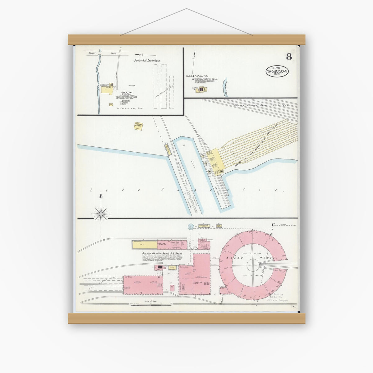 Old map wall art mockup — magnetic wood frame on white wall — Sanborn Fire Insurance Map from Two Harbors, Lake County, Minnesota (1901), Sheet #0008