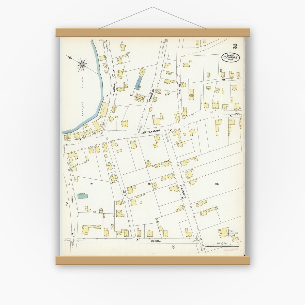 Old map wall art mockup — magnetic wood frame on white wall — Sanborn Fire Insurance Map from Rockport, Essex County, Massachusetts (1907), Sheet #0003