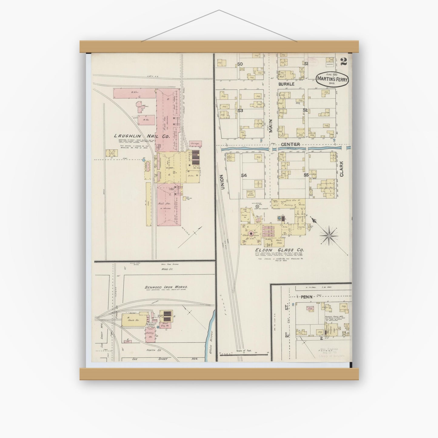 Old map wall art mockup — magnetic wood frame on white wall — Sanborn Fire Insurance Map from Martins Ferry, Belmont County, Ohio (1890), Sheet #0002