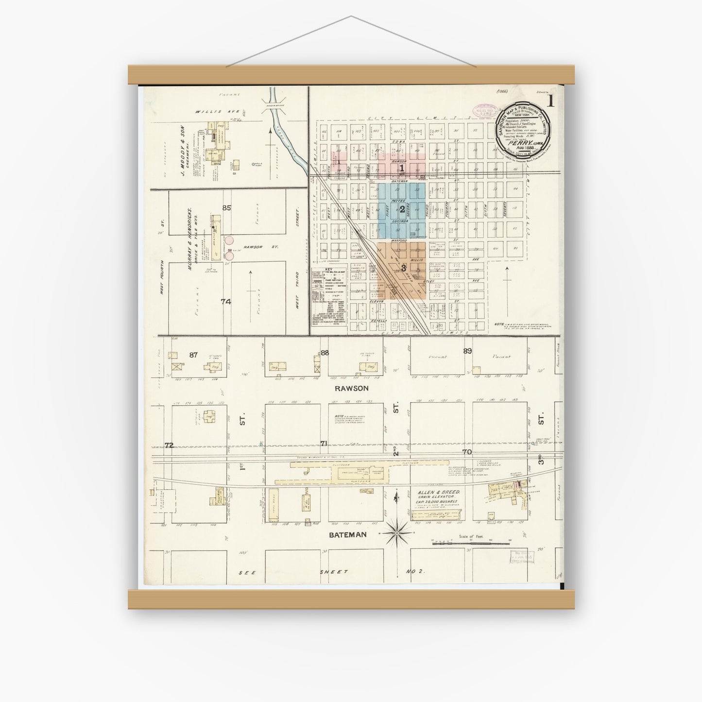 Old map wall art mockup — magnetic wood frame on white wall — Sanborn Fire Insurance Map from Perry, Dallas County, Iowa (1888) â€” Complete Set