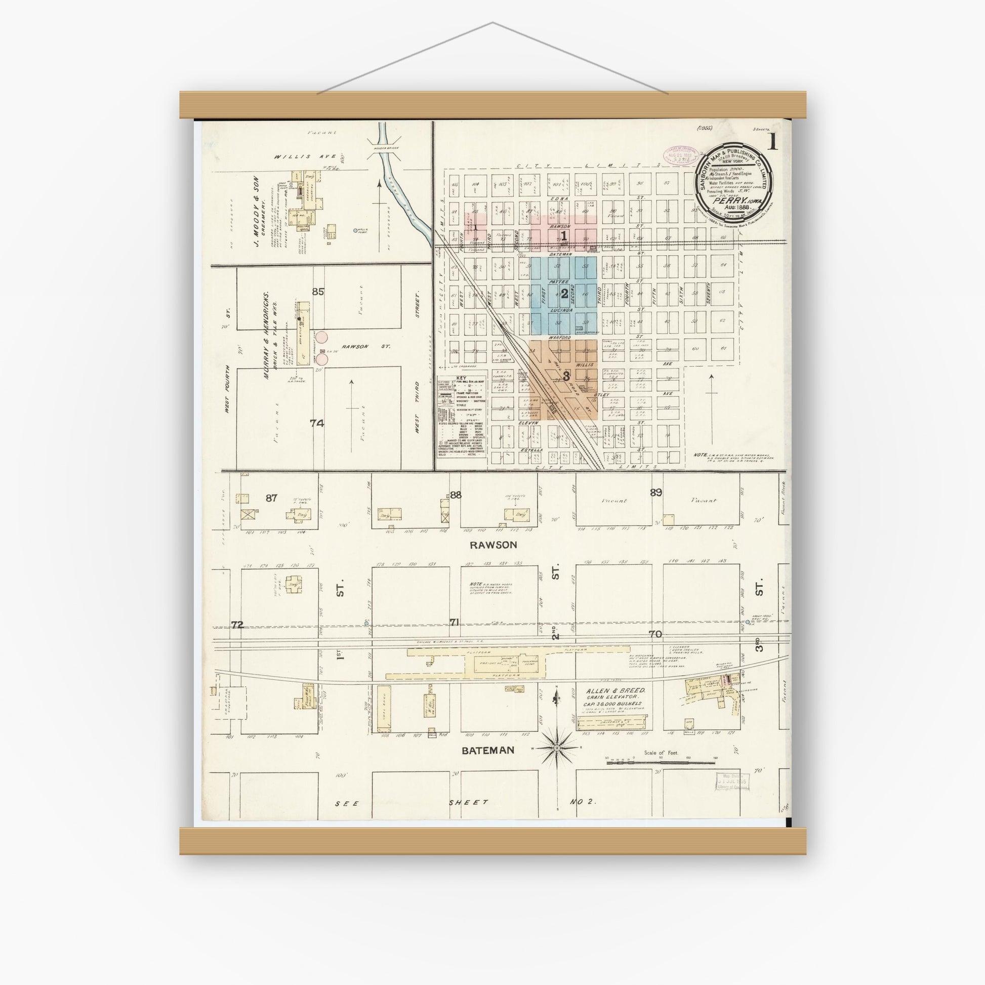 Old map wall art mockup — magnetic wood frame on white wall — Sanborn Fire Insurance Map from Perry, Dallas County, Iowa (1888) â€” Complete Set