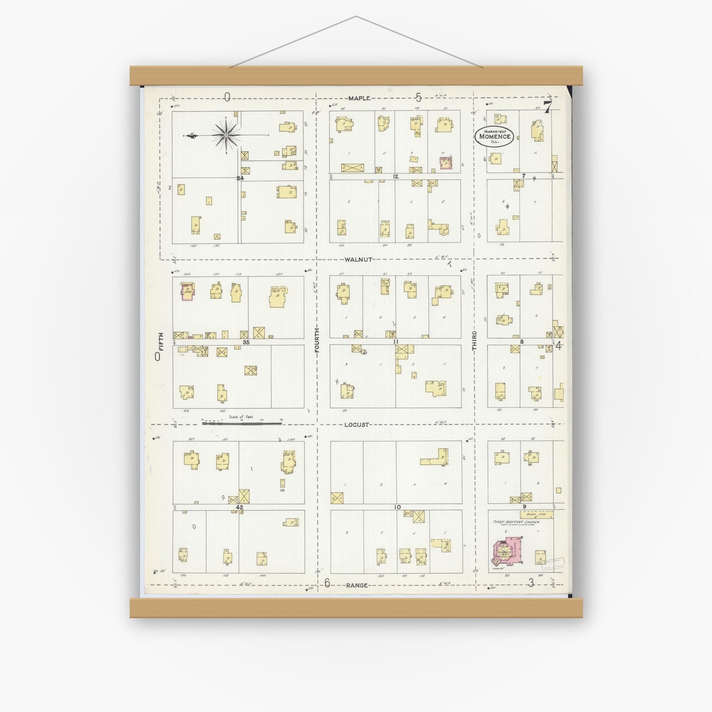 Old map wall art mockup — magnetic wood frame on white wall — Sanborn Fire Insurance Map from Momence, Kankakee County, Illinois (1907), Sheet #0007