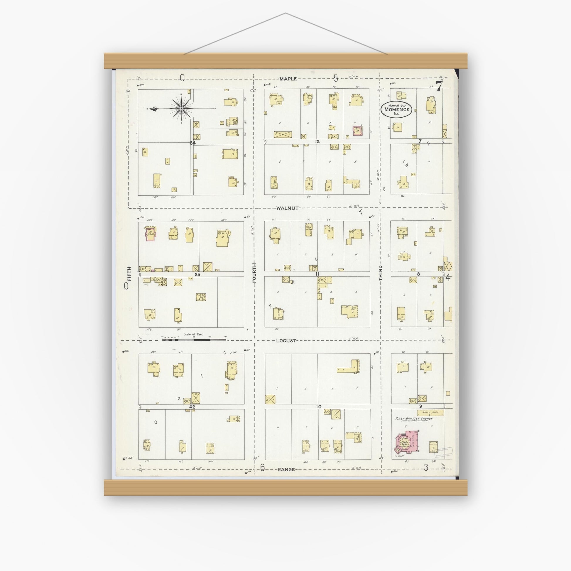 Old map wall art mockup — magnetic wood frame on white wall — Sanborn Fire Insurance Map from Momence, Kankakee County, Illinois (1907), Sheet #0007