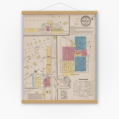 Old map wall art mockup — magnetic wood frame on white wall — Sanborn Fire Insurance Map from Wolfe City, Hunt County, Texas (1922) - Complete Map Set