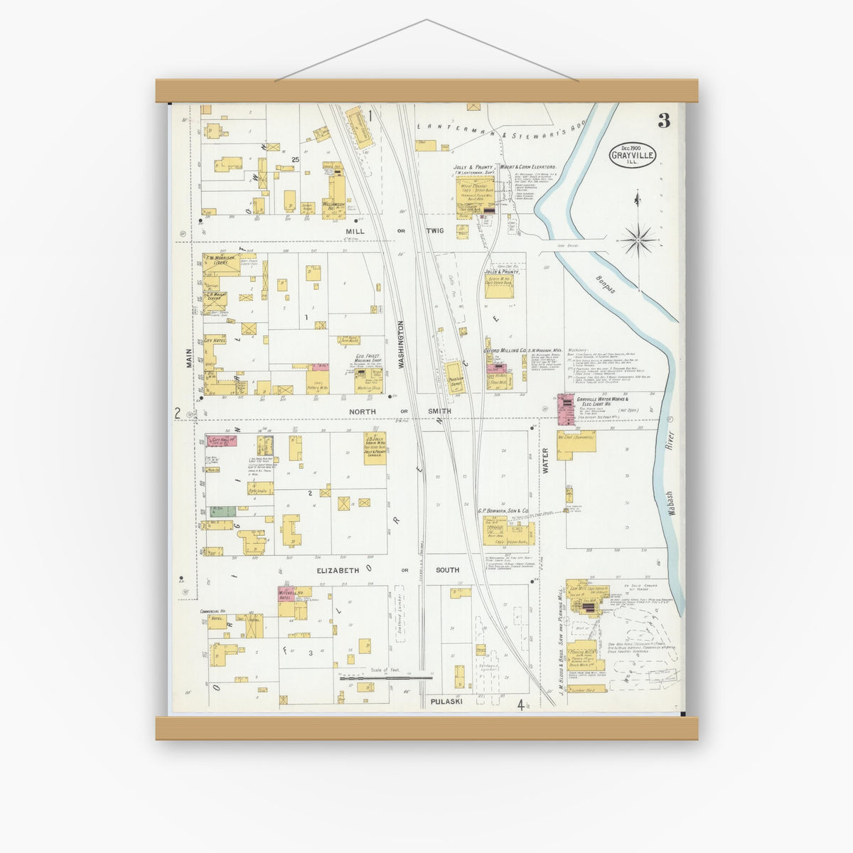 Old map wall art mockup — magnetic wood frame on white wall — Sanborn Fire Insurance Map from Grayville, White And Edwards Counties, Illinois (1900), Sheet #0003
