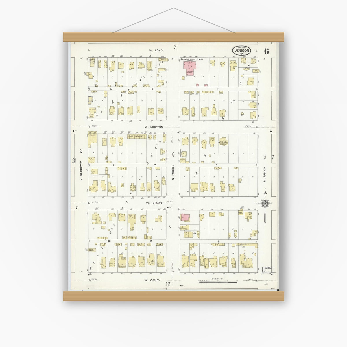 Old map wall art mockup — magnetic wood frame on white wall — Sanborn Fire Insurance Map from Denison, Grayson County, Texas (1914), Sheet #0006