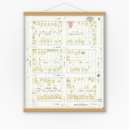 Old map wall art mockup — magnetic wood frame on white wall — Sanborn Fire Insurance Map from Denison, Grayson County, Texas (1914), Sheet #0006