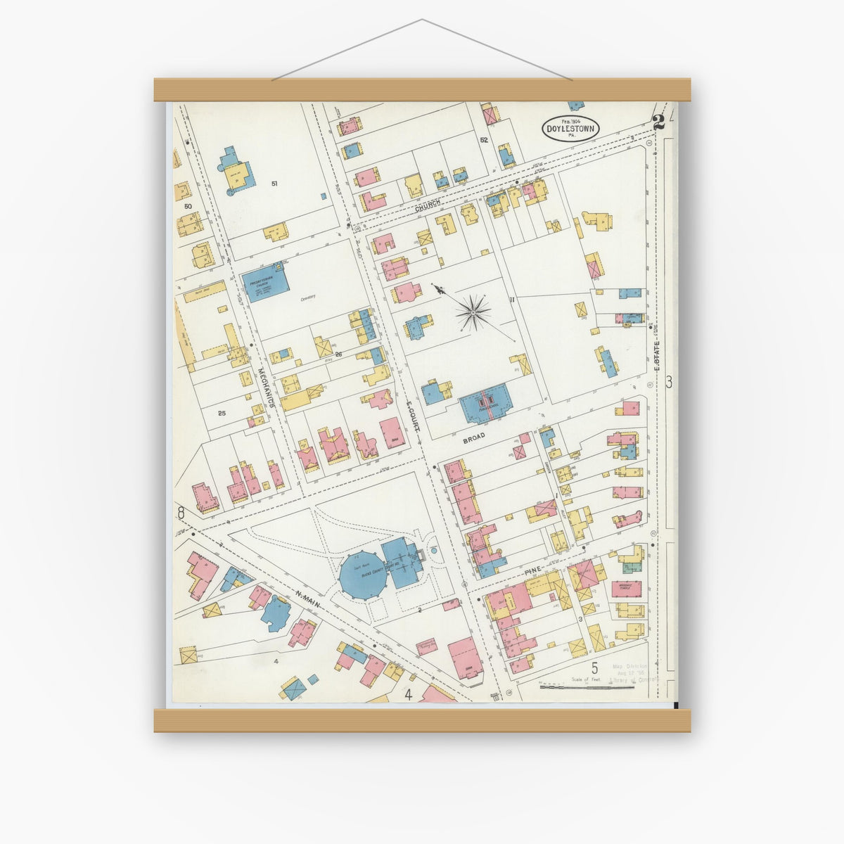 Old map wall art mockup — magnetic wood frame on white wall — Sanborn Fire Insurance Map from Doylestown, Bucks County, Pennsylvania (1904), Sheet #0002