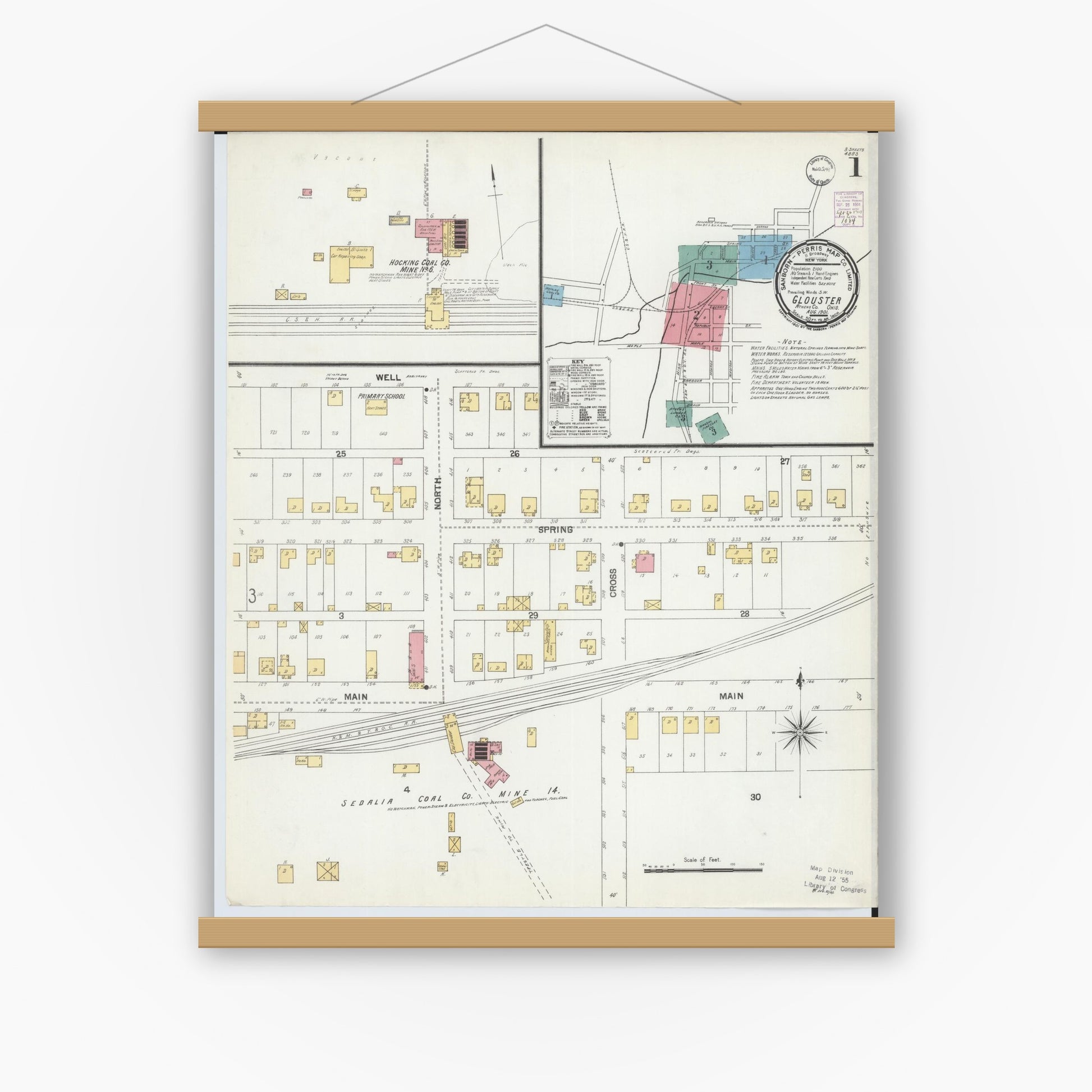 Old map wall art mockup — magnetic wood frame on white wall — Sanborn Fire Insurance Map from Glouster, Athens County, Ohio (1901) - Complete Map Set