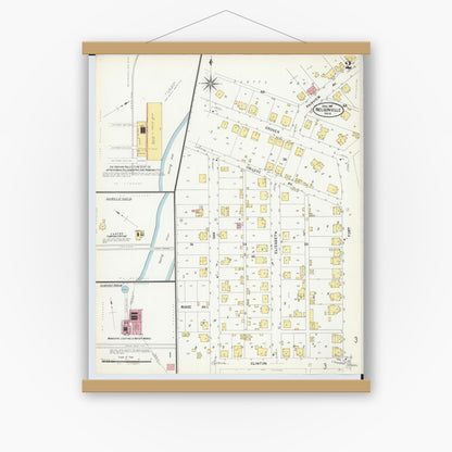 Old map wall art mockup — magnetic wood frame on white wall — Sanborn Fire Insurance Map from Nelsonville, Athens County, Ohio (1907), Sheet #0002
