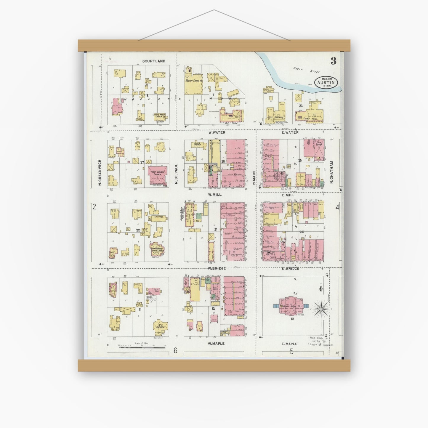 Old map wall art mockup — magnetic wood frame on white wall — Sanborn Fire Insurance Map from Austin, Mower County, Minnesota (1899), Sheet #0003