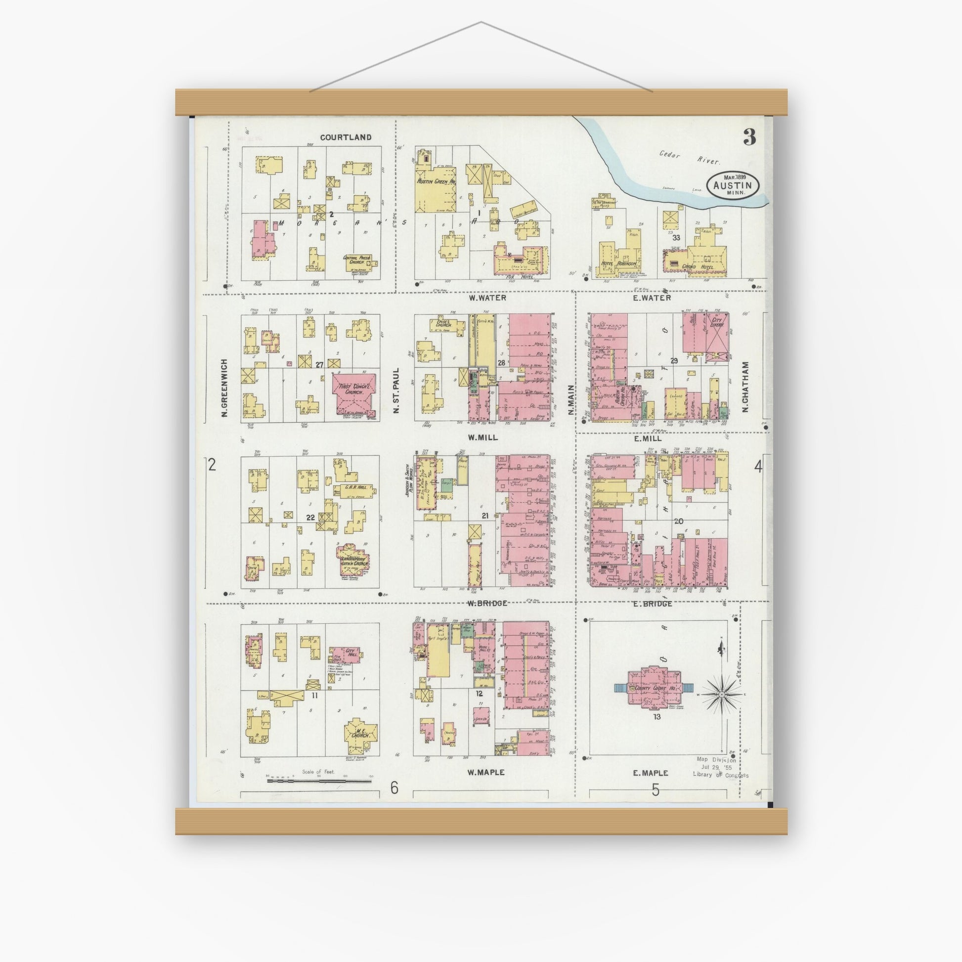 Old map wall art mockup — magnetic wood frame on white wall — Sanborn Fire Insurance Map from Austin, Mower County, Minnesota (1899), Sheet #0003