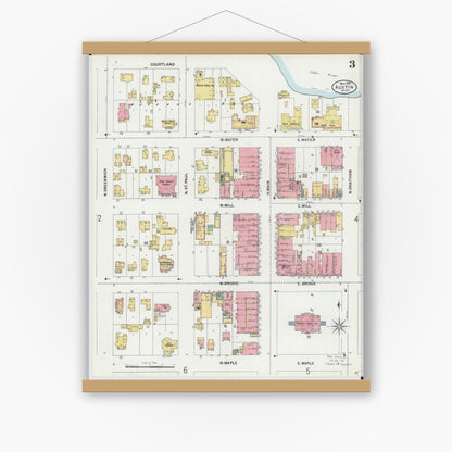 Old map wall art mockup — magnetic wood frame on white wall — Sanborn Fire Insurance Map from Austin, Mower County, Minnesota (1899), Sheet #0003